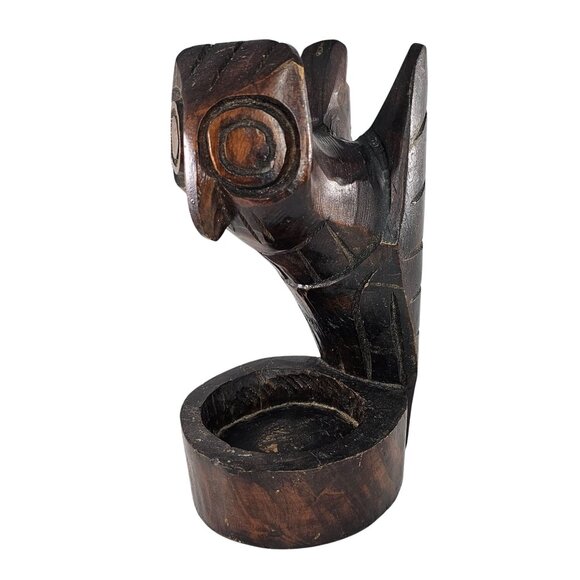 Hand-Carved Owl Figurine Wooden Ashtray Key Dish Catch All Bird Decor Folk Art - Picture 1 of 10
